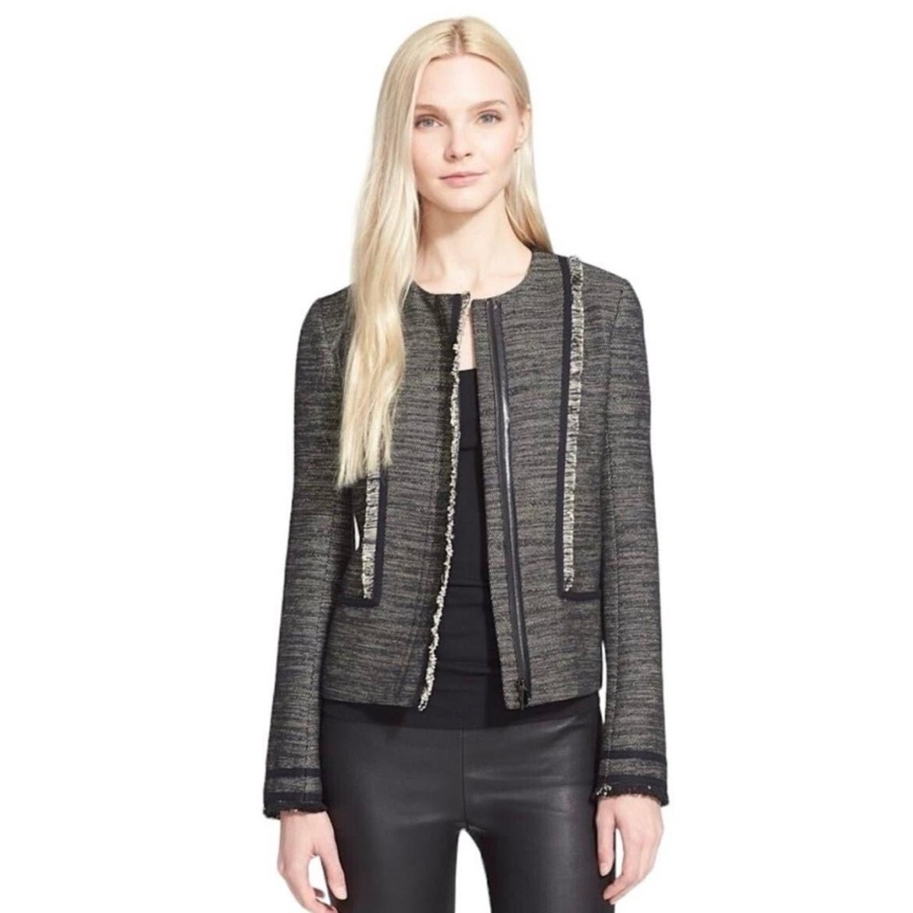 Vince Fringe Trim Boucle Jacket Full Zip Leather Trim Gray Black Women’s Size 6